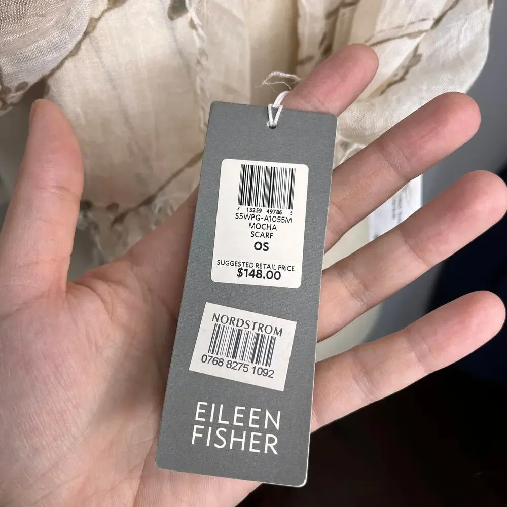 Eileen Fisher Scarf Women's White Grey Web Printed Gauze Modal Silk Flawed